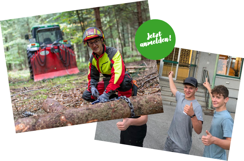 Zwei Bilder - eines mit Buben der im Wald arbeitet und das zweite mit Schülern vor der Schule und Sticker mit der Aufschrift: Jetzt anmelden!